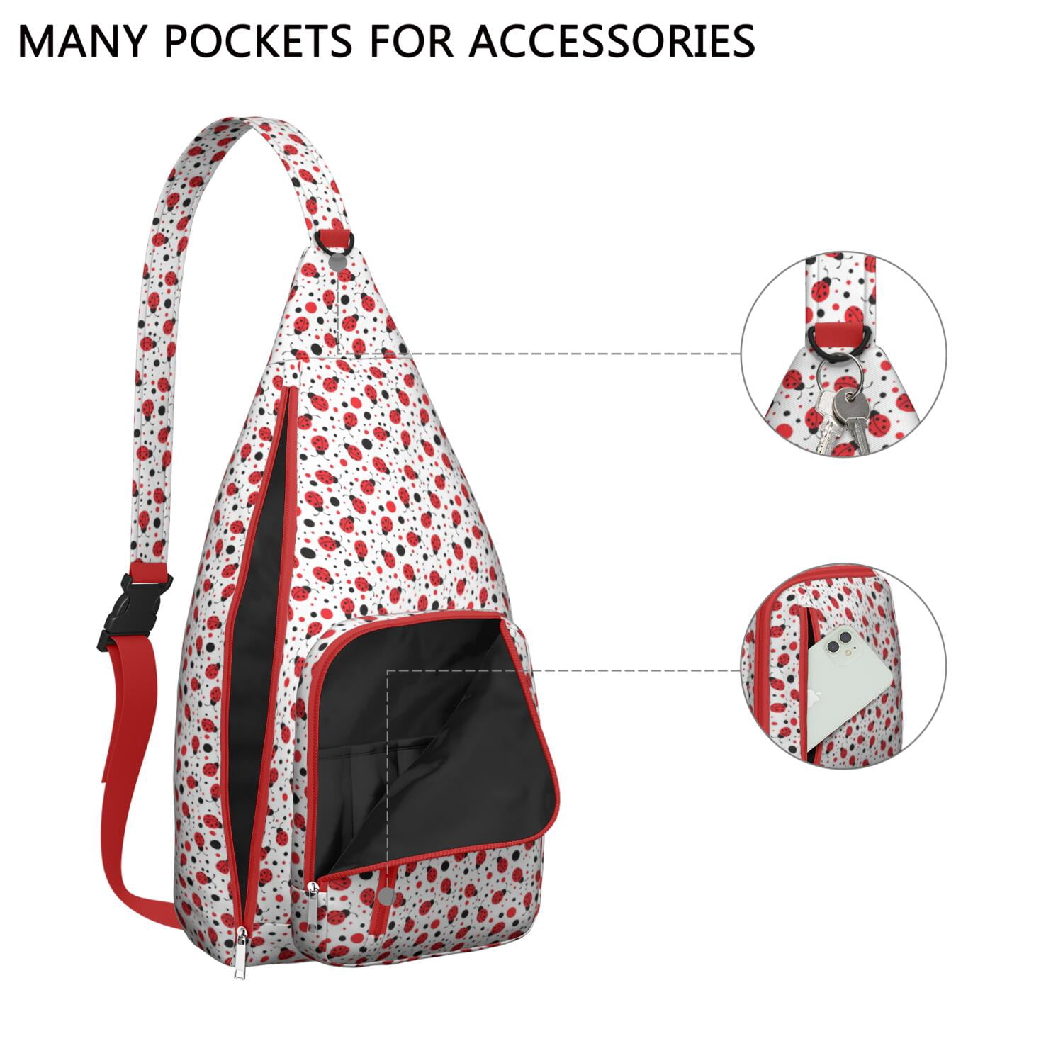 Cute Ladybug Print Sling Bag - Polka Dot Ladybird Crossbody Backpack for Women & Men, Water-Resistant Shoulder Daypack (Cartoon Nature Insect Design, Garden Themed Casual Bag)