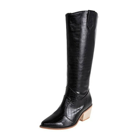 

jsaierl Women s Shoes Pointed Toe Mid-heel High-top Knight Boots Imitation Leather Boots