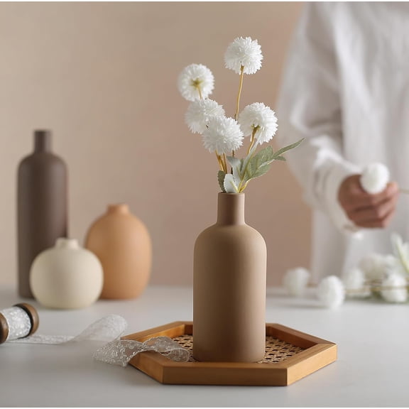 Ceramic Neutral Vase Set for Farmhouse Home Decor, Rustic Decorative Vases for Boho Living Room Centerpieces, Entryway Decorations, Coffee Table, Bookshelf, Fireplace Mantel, Set of 4