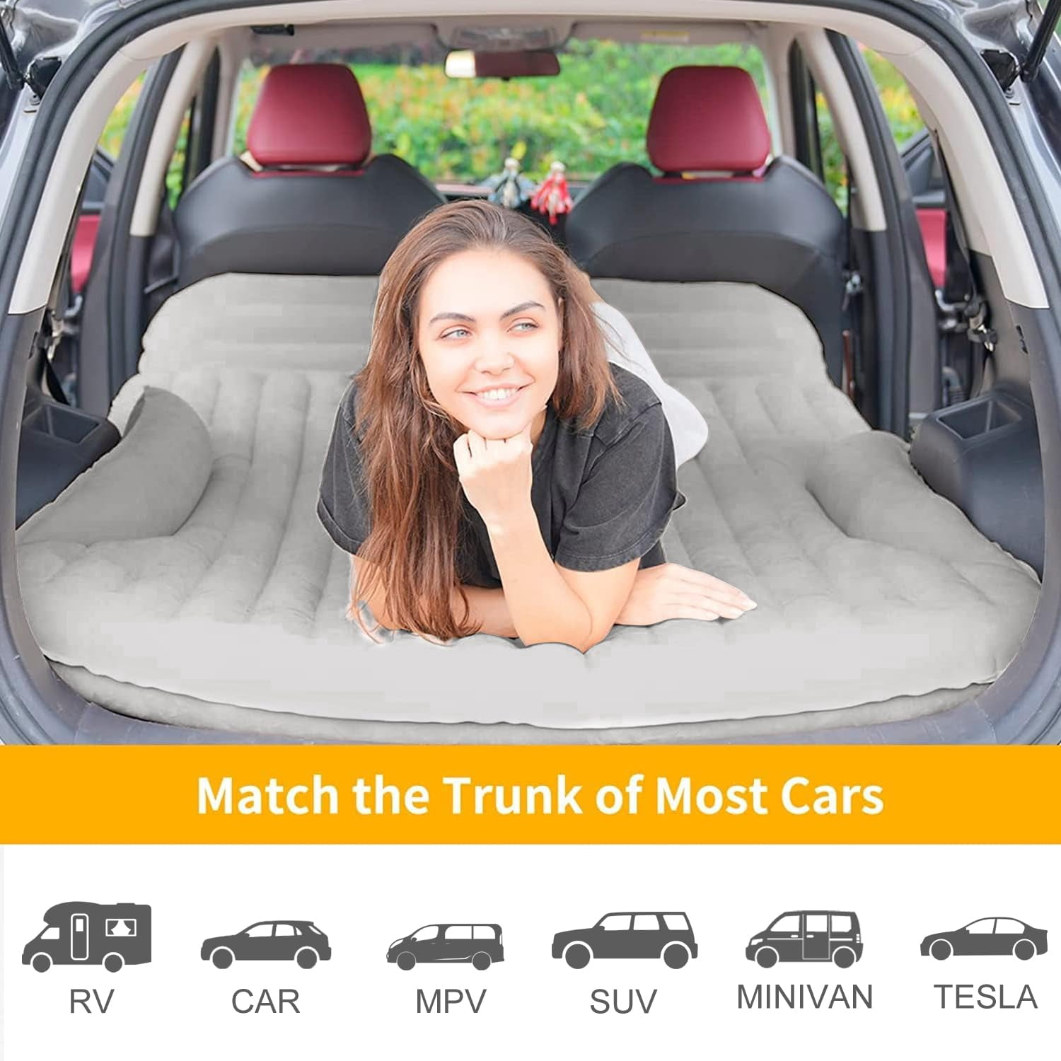 QDH SUV Air Mattress Thickened and Double-Sided Flocking Travel Camping Bed with 2 Pillows & Electric Pump Dedicated Mobile Cushion Inflatable Bed for SUV Trunk and Rear Seat (Light Gray)