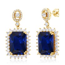 Gem Stone King 18K Yellow Gold Plated Silver Blue Created Sapphire Dangle Earrings for Women (20.60 Cttw, Gemstone September Birthstone, Octagon 14X10MM)