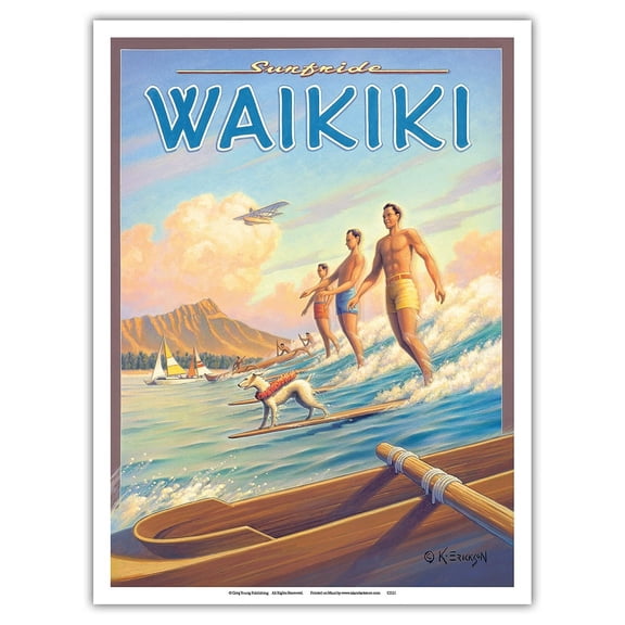 Surfride Waikiki - Surfriders Hawaii - Diamond Head Crater - Vintage Hawaiian Travel Poster by Kerne Erickson - Master Art Print (Unframed) 9in x 12in