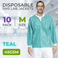 thumbnail image 2 of Disposable Lab Jackets for Adults, Pack of 10 Medium Teal Disposable Jackets with Knitted Cuffs, Collar, 3 Pockets, 45 gsm SMS Disposable Lab Jacket Unisex, Disposable Jacket, 2 of 8