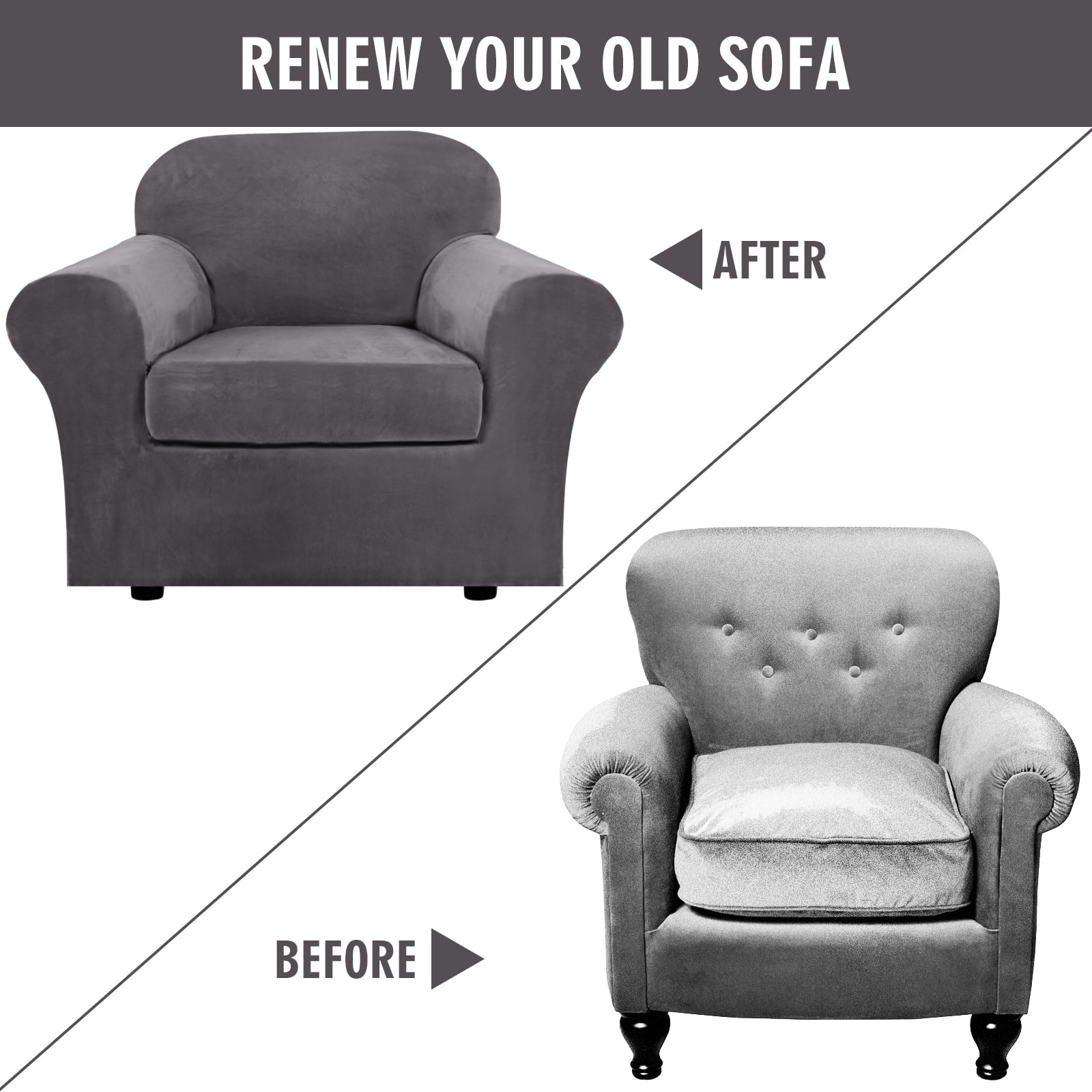 Velvet Plush Sofa Covers, Armchair Loveseat Couch Slipcover with Separate Cushion Cover (Gray, For Armchair )