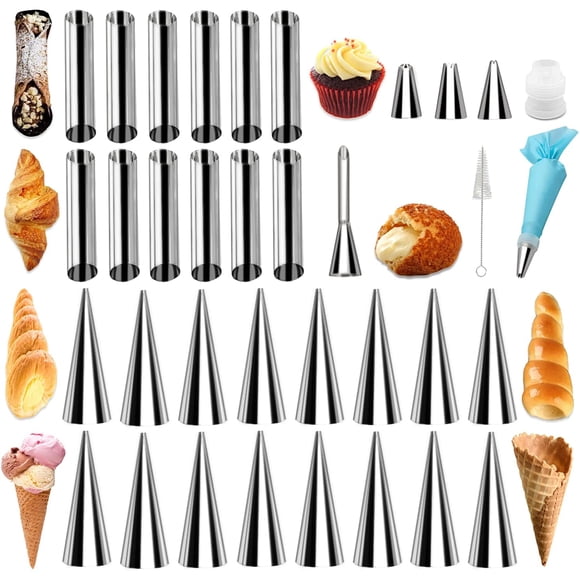 Kit de 35 Moldes de Acero Inoxidable para Cannoli y Cuernos de Crema con Formas Cónicas y Tubulares Antiadherentes