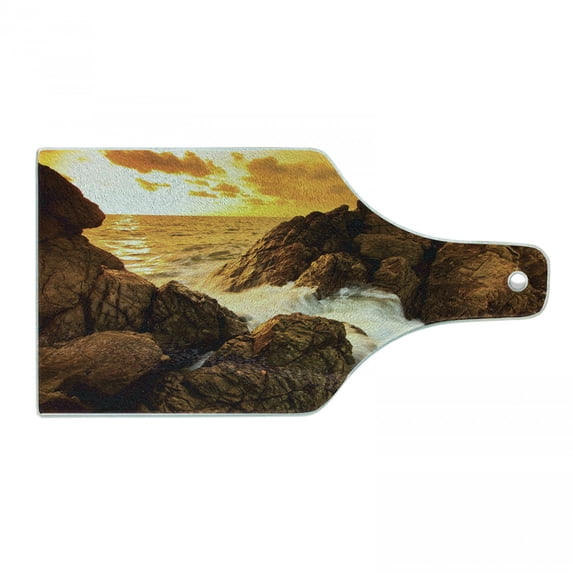 Beach Cutting Board, Sunset and Waves over Tropical Wild Rocks on Beach Heaven Nature Summer Calm Print, Tempered Glass Cutting and Serving Board, Wine Bottle Shape, Orange Grey, by Ambesonne
