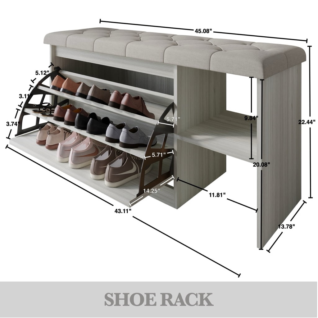 Castle Place Upholstered 41"L x 22" H Bench with Shoe Storage, Light Grey