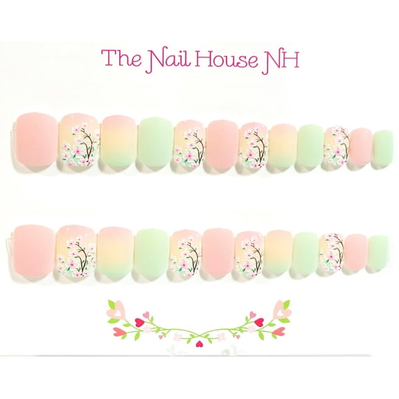 Apple Blossoms Ombre Matte Embossed Extra Short Squoval Press On Nails - 24 Pieces - Artificial Nail Kit