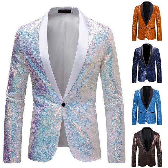 BiZtdJrK Mens Sparkly Sequin Blazer Jacket One Button Long Sleeve Slim Fit Suit Jackets Wedding Party Glitter Blazers Tuxedo, Navy, S