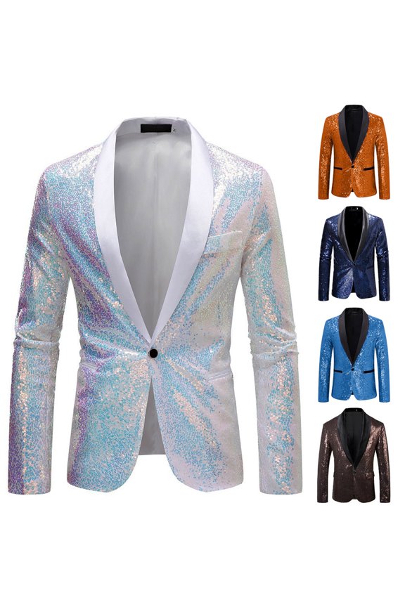Men's Glitter V-neck Slim Fit Long Sleeves Suit Single Row Single Button Suit Jacket White XL(XL)