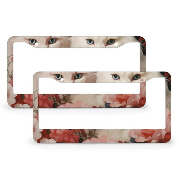 Cute Cats In Pastel Pink And Red Floral License Plate Frames 2 Pieces Cat Quote Car Front License Plate Frame for Women Men Auto Decoration Hardware 2 Hole Metal License Plate Cover