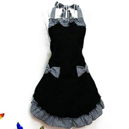 

Bib Apron Dress Flirty Vintage Kitchen Womens Bowknot with Pocket Black