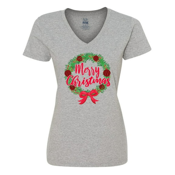 Inktastic Merry Christmas Wreath with Red Bow and Ornaments Women's V-Neck T-Shirt
