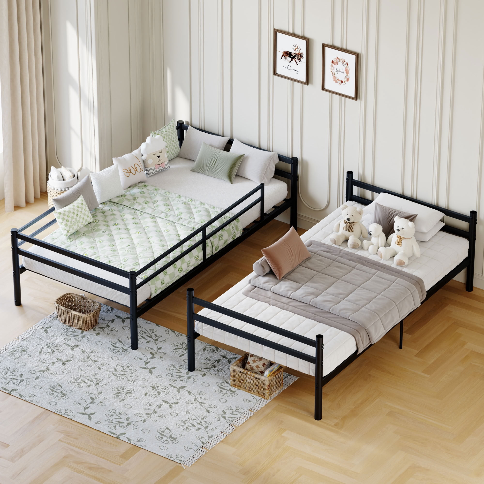 MAYEERTY Twin Over Twin Metal Bunk Bed with Ladder and High Guardrail, Supports 330 lbs, Space-Saving Storage for Kids Teens Adults, No Box Spring Needed
