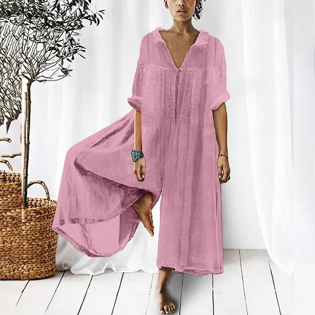 LOVZFMLL Combinaison pour Femme, Combinaison Décontractée Unie à Col Rabattu en Coton et Lin, Barboteuse Longue, Combinaison à Fermeture Éclair Rose, P