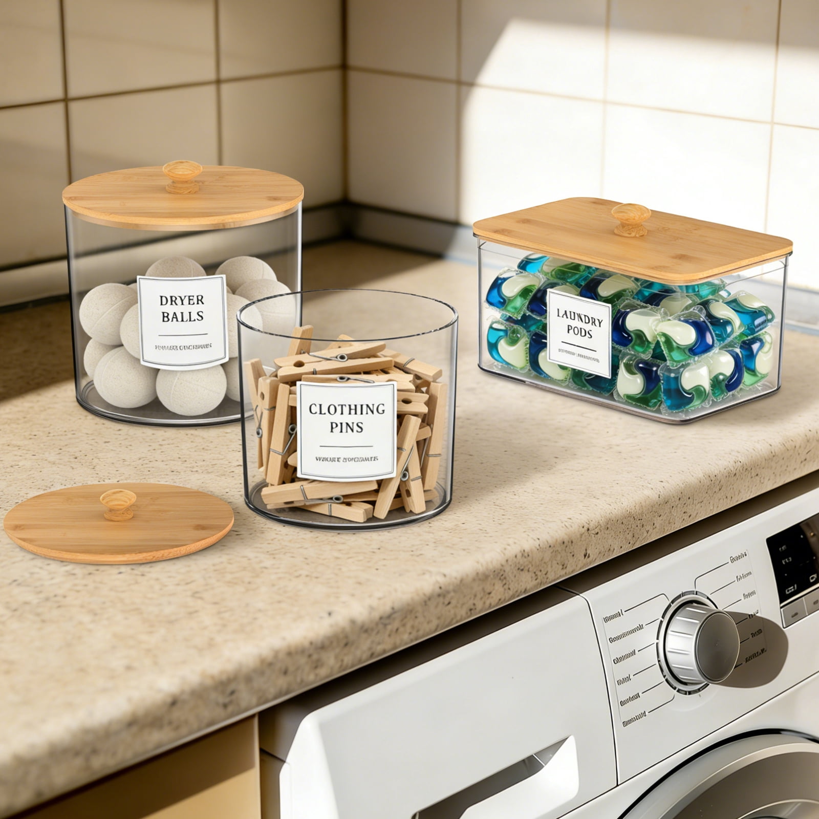 FUYGRCJ 3 Pack Laundry Pods Container, Clear Laundry Detergent Powder Storage Containers, Laundry Room Organization Container with Wooden Lid & Label, Laundry Pod Holder for Scent Booster, Dryer Ball