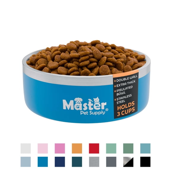 Master Pet Supply Stainless Steel Dog Bowls - 25 oz, Heavy Duty - True Blue, Double Wall Extra-Thick Insulated, Non-Slip Pet Water Bowl for Dogs, Cats & Pets, Anti Rust Metal, Dish Washer Safe