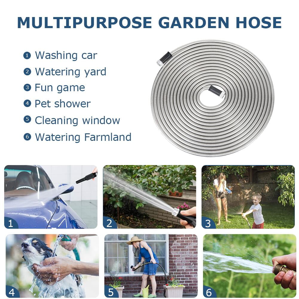 FGY Stainless Steel Garden Hose 50 FT Ultra Durable Metal Hose for Garden, Window, Car and Pet(Silver)