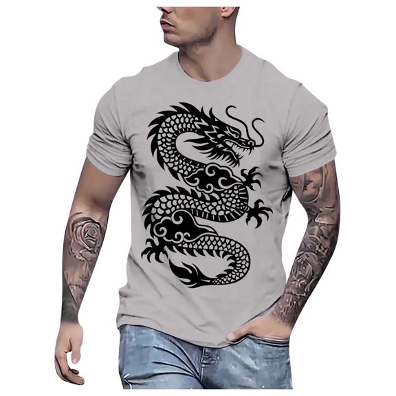 Mens Cool Chinese Loong T-Shirt Tops Novelty Print Short Sleeve Crewneck Tees Light Gray XXL