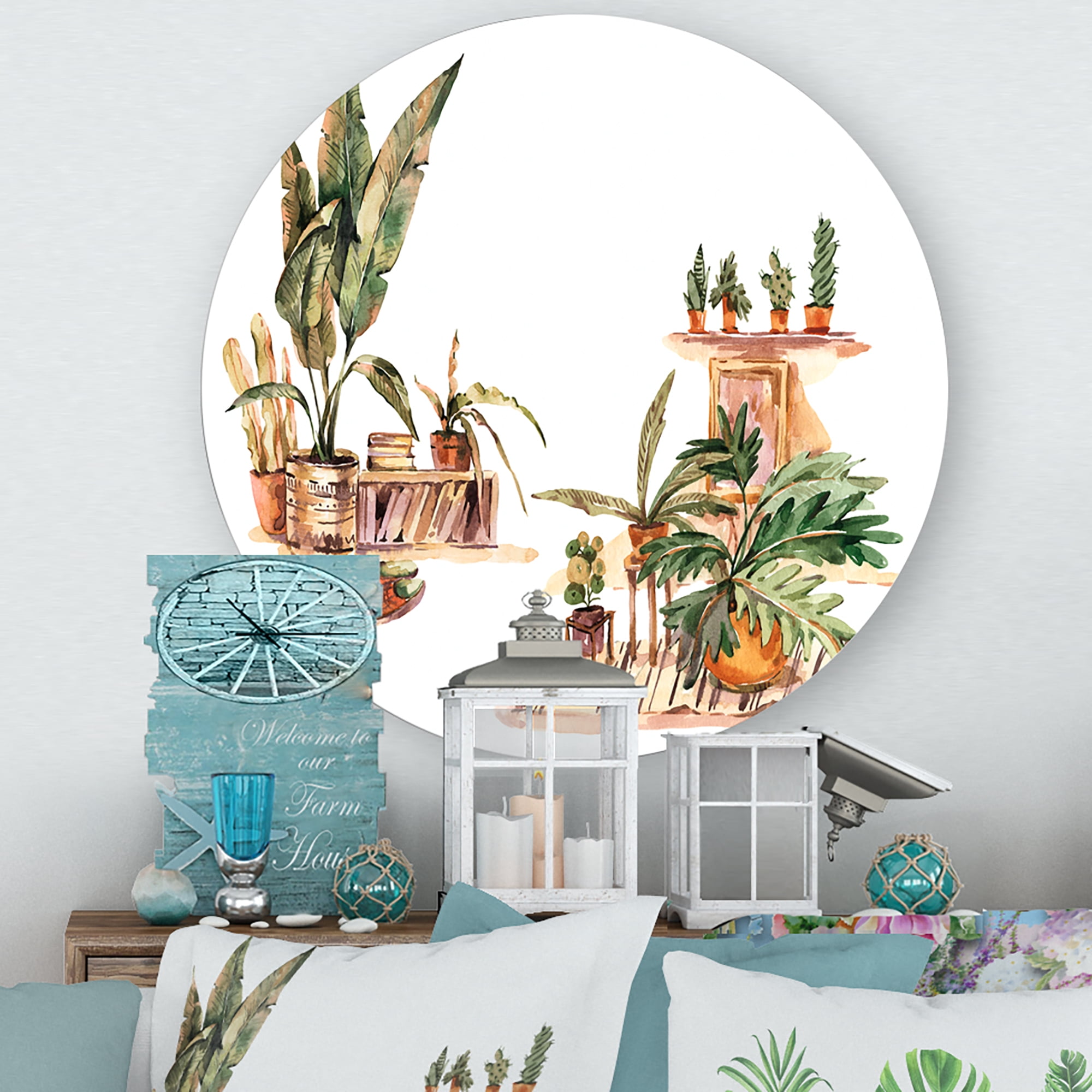 Designart 'Indoor House Plants Urban Jungle in Flowerpots III' Traditional Circle Metal Wall Art 23x23 - Disc of 23