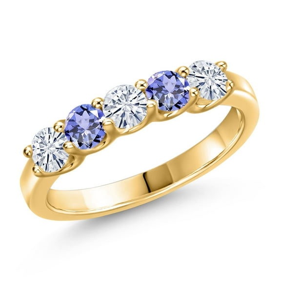 Gem Stone King 18K Yellow Gold Plated Silver White Moissanite and Blue Tanzanite Wedding-Bands Ring for Women | 0.84 Cttw | Round 3.5MM | Gemstone Birthstone | Size 7