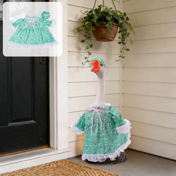 Cottage Style Goose Dress Set, Green Floral Dresses with Lace Trim and Matching Headband for 23 Inch Cement or Plastic Goose, Sweet Outdoor Garden Decor