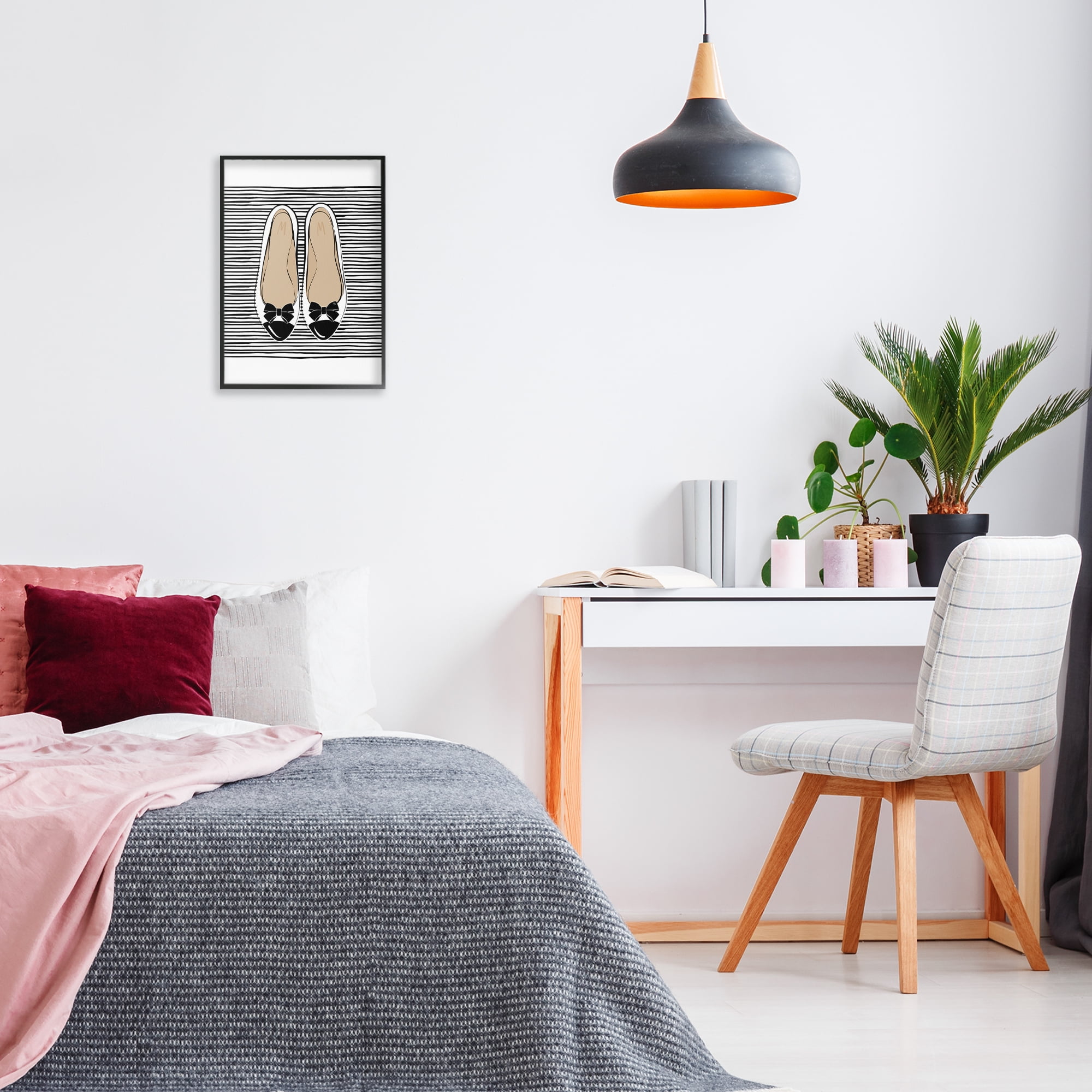 Stupell Industries Bow Flats on Stripes Beauty & Fashion Painting Black Framed Art Print Wall Art, 12 x 18