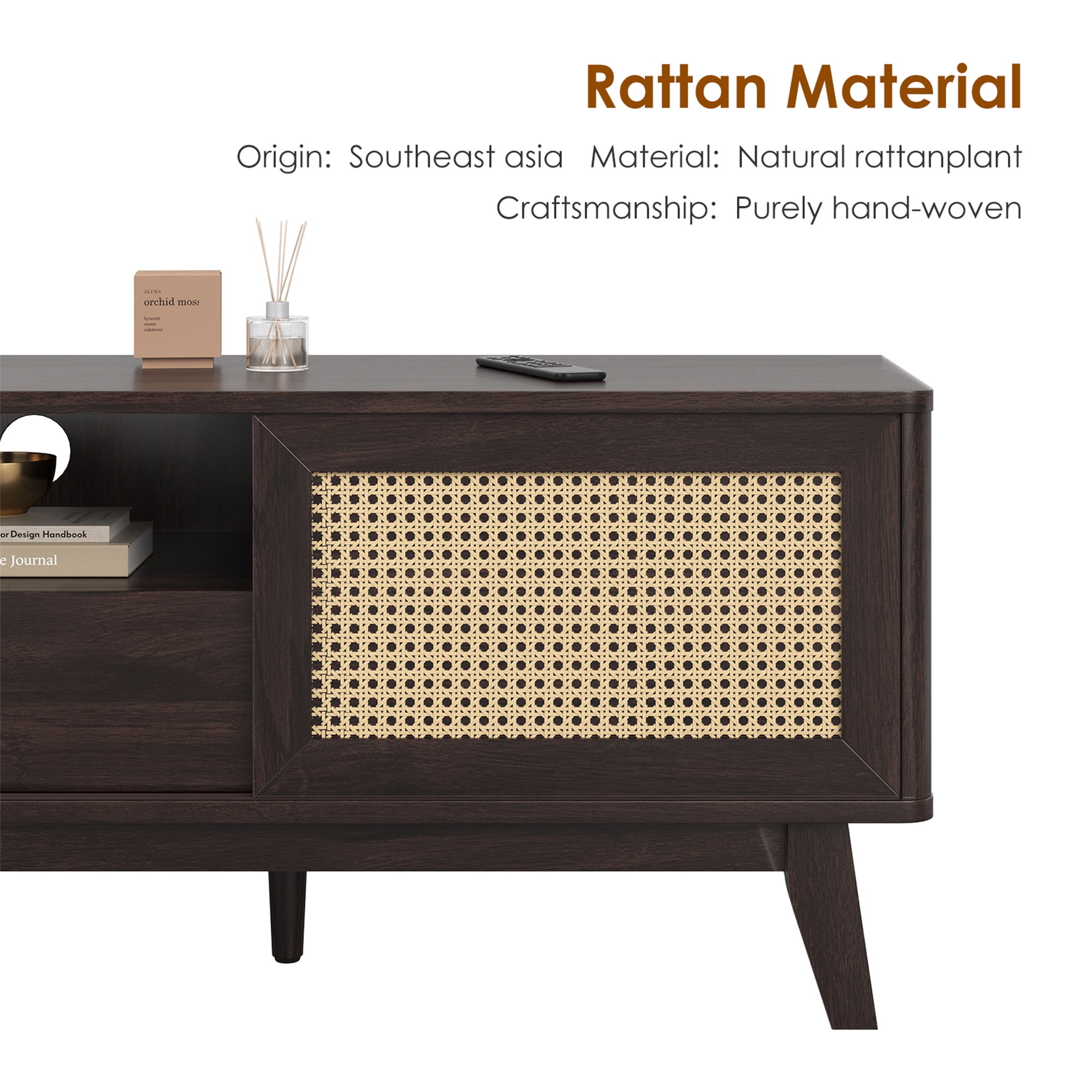 MAYEERTY Walnut 70"Rattan&Wood TV Stand, Boho Media Console with Drawer & 2 Cabinets for Living Room