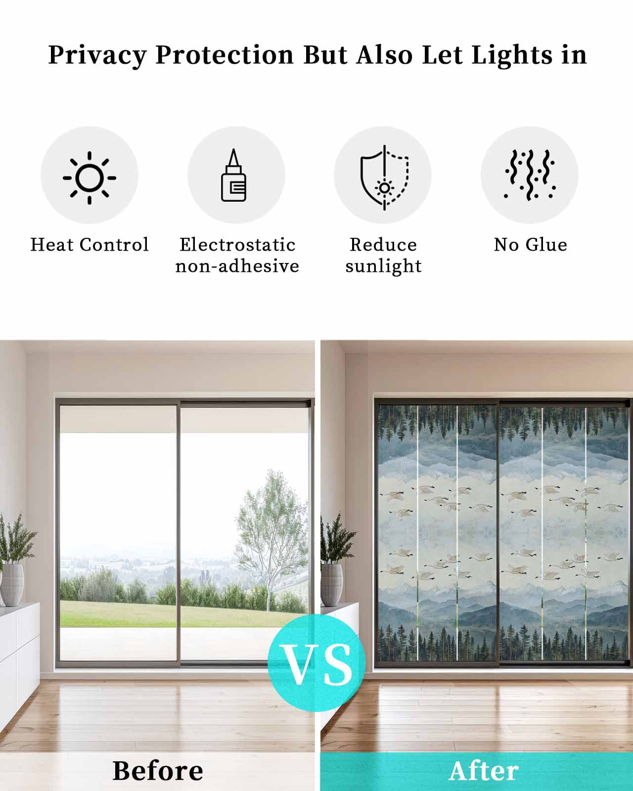 Window Privacy Film Watercolor Landscape Stained Glass Window Film Decorative Sun Block Window Cover Retro Geese Forest Mountain Window Clings Static Adhesive Sticker for Bathroom 23.6"x59"