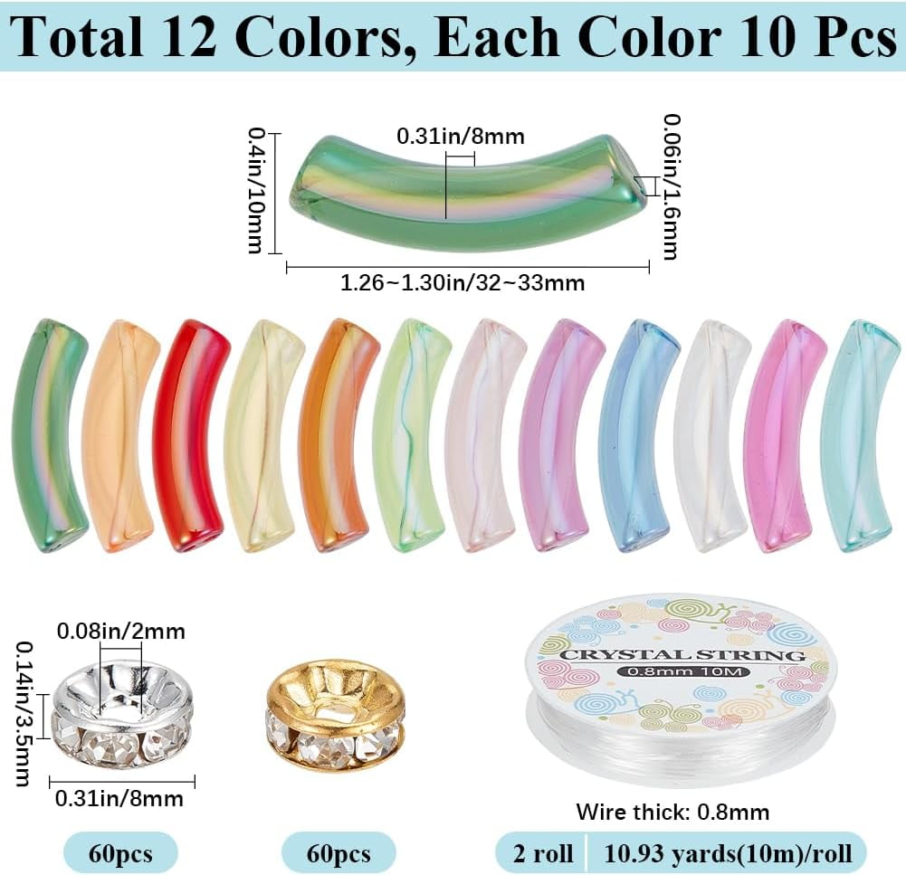 DIY Acrylic Tube & Brass Rhinestone Beads Jewelry Making Kits Mixed Color Beads: 8~33x8~10x3.5~8mm Hole: 1.6~2mm 240pcs