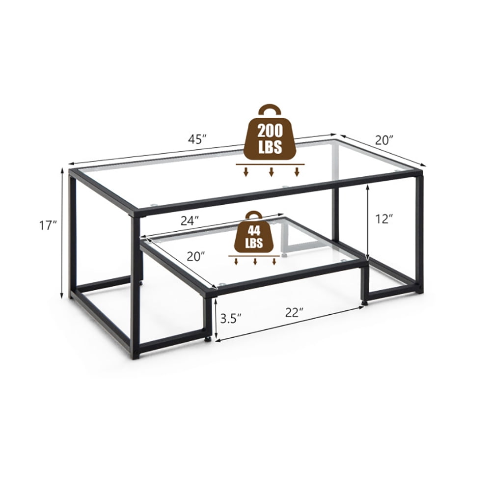 Finihen Glass Coffee Table, Rectangular Coffee Table, Modern 2-Tier Rectangular Coffee Table with Glass Table Top, for Living Room, Reception Room, Black