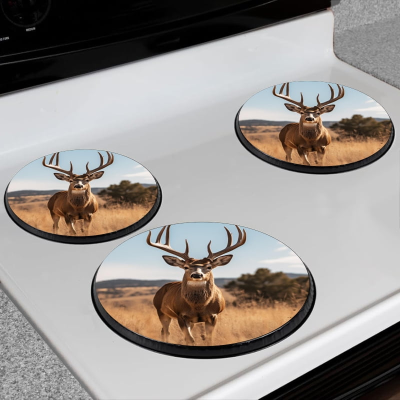 Bahomeck Electric Stove Burner Covers Set Of 4,Deer Standing In Tall Grass With Large Antlers Metal Gas Stove Burner Covers,Protecting Gas Stoves,8 Inch And 10 Inch