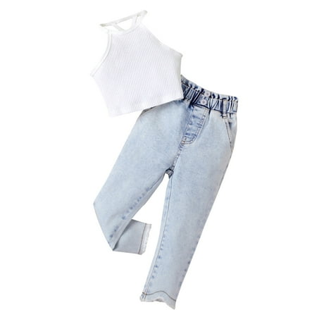 

2pcs Toddler Baby Girl Pants Set Sleeveless Knitting Vest Tops + Jeans Denim Trousers with Pockets