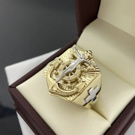 Lordluxury Vintage 14k Yellow Gold Anchor Religious Jesus Cross Ring Men Fashion Amulet Jewelry Gift B217