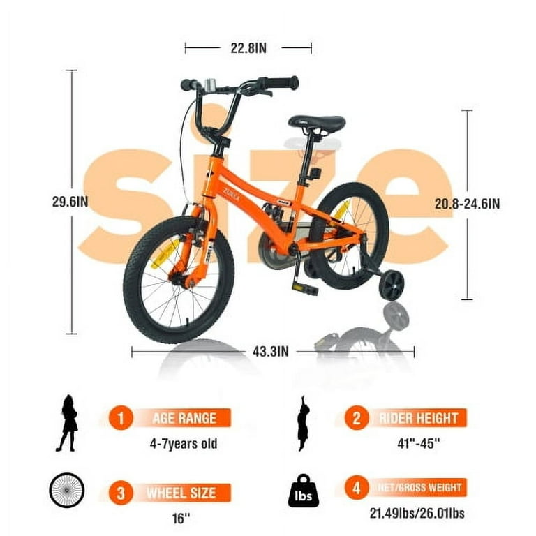 POWANLI 16 Kids Bike for Boys Girls Ages 4 8 Years Lightweight Alloy Frame Bicycle Disc Adjustable Handlebar Training Wheels Orange Color
