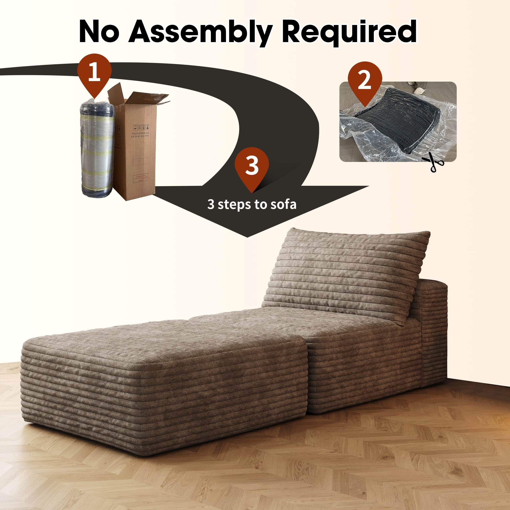 MAYEERTY 66.9" Sofa Bed Camel Plush Corduroy Convertible Sleeper Chair with Pillow Back Support Living Room/Bedroom