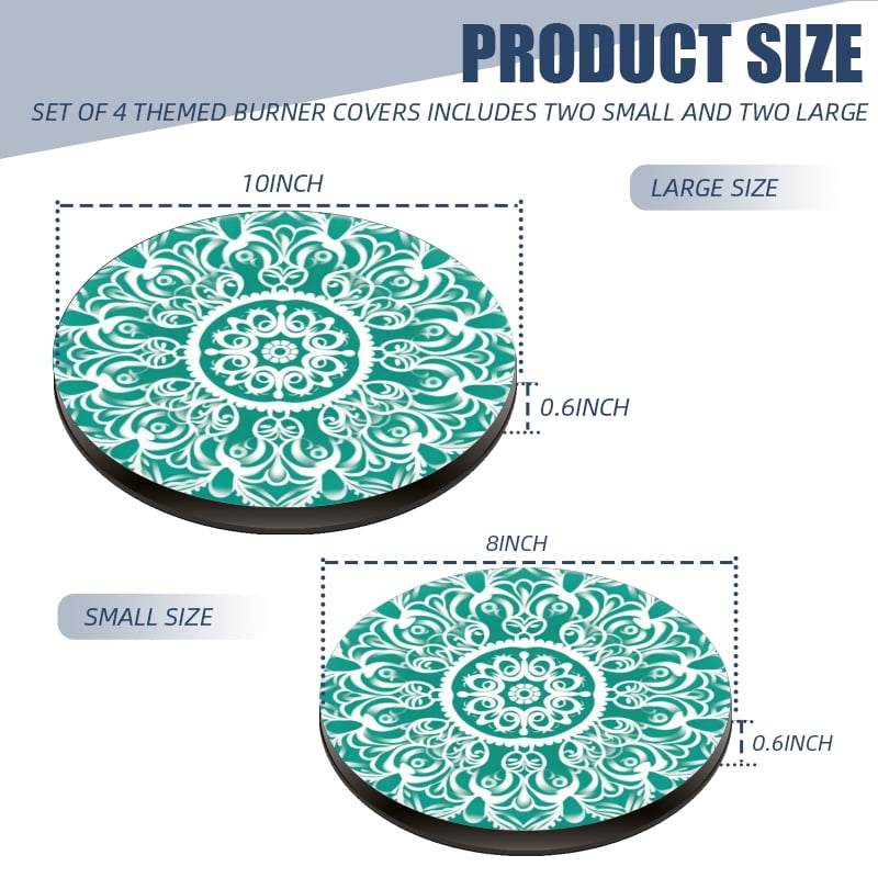 Round Metal Electric Stove Burner Cover, Green White Mandala Floral Pattern Durable Easy to Clean Gas Stove Burner Covers Set of 4 for Kitchen Decor, 8 Inches and 10 Inches