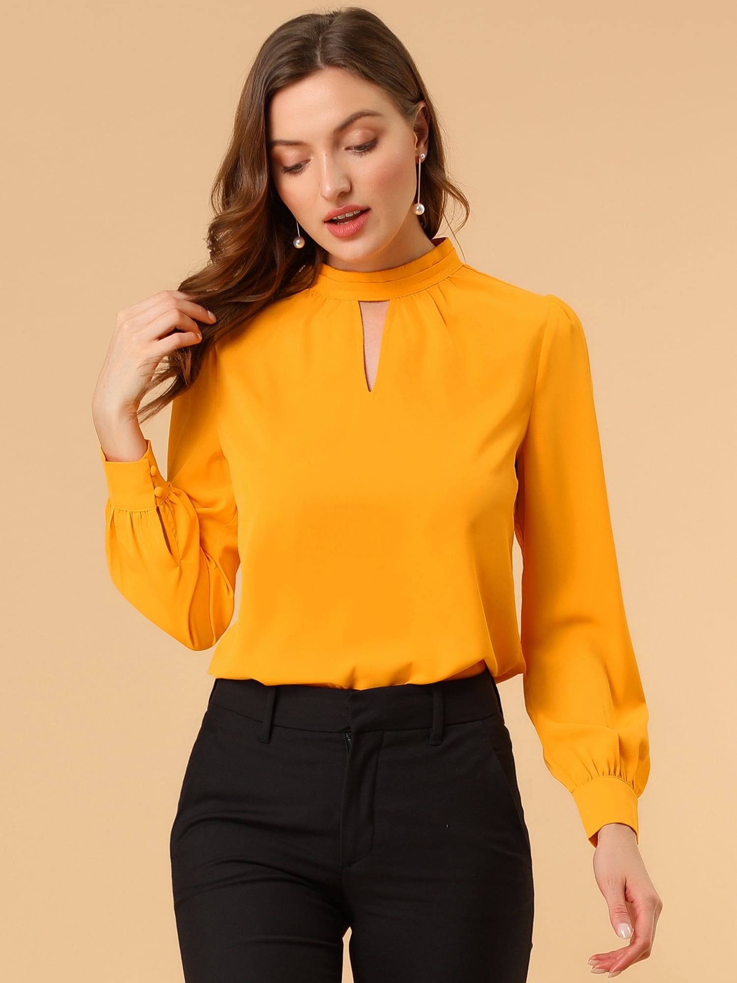 DARING DIVA Women's Stand Collar Long Sleeve Office Blouse 3XL Bright Yellow