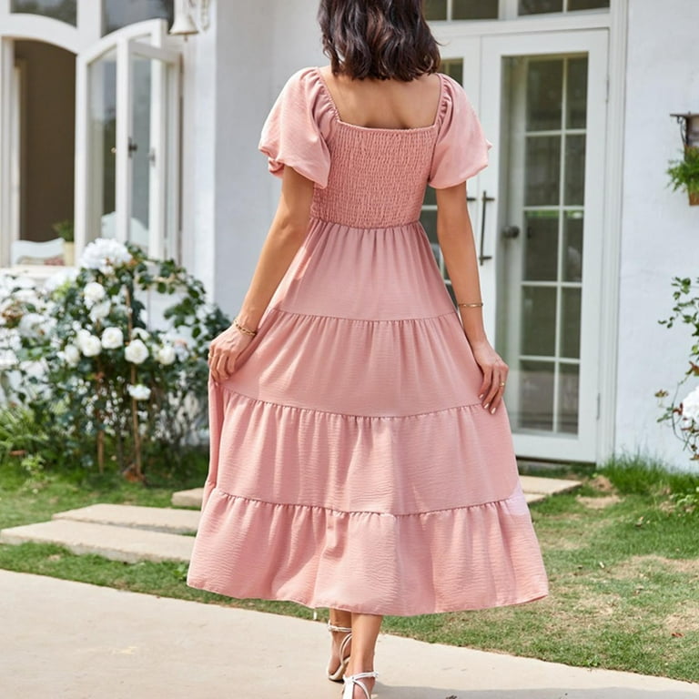 Fanxing Women's Casual Summer Midi Dress Puffy Short Sleeve