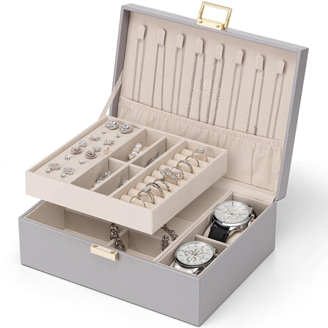 Jewelry Box Vlando, organizador grande de 2 capas para mujer, color gris