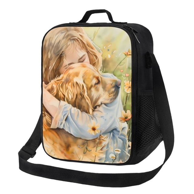 Fotbe Girl Hugging Dog Flowers Lonchera Bolsa de Almuerzo para Hombres y Mujeres, Lonchera de Gran Capacidad, Bolsa de Almuerzo Reutilizable, Bolsa Térmica Aislante