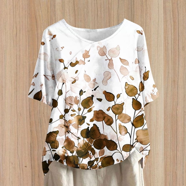 Blouses pour Femmes, Pull Décontracté Imprimé en Coton Lin Boutons Col Rond Manches Courtes