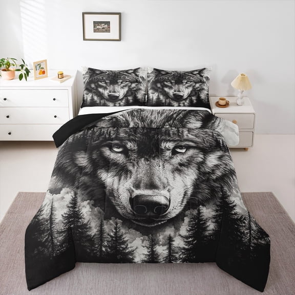 Castle Fairy Jungle Wildlife Wolf 2Pcs Bedding Comforter Set for Teens Boys Men,Woodland Animal Twin Comforter Sets,Black Grey Breathable Bedding Set,Breathable Home Decor