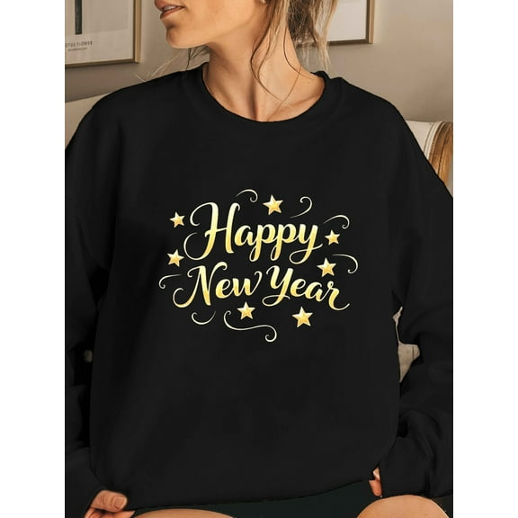 Cozy Women's Sweatshirt with Happy New Year Script - Casual Long Sleeve, Round Neck, Polyester Knit, Machine Washable - Perfect for Fall/Winter