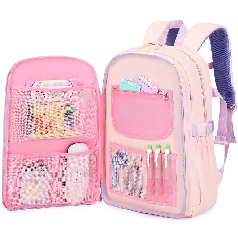 Cute pink school backpack with patches. Kids bag for school