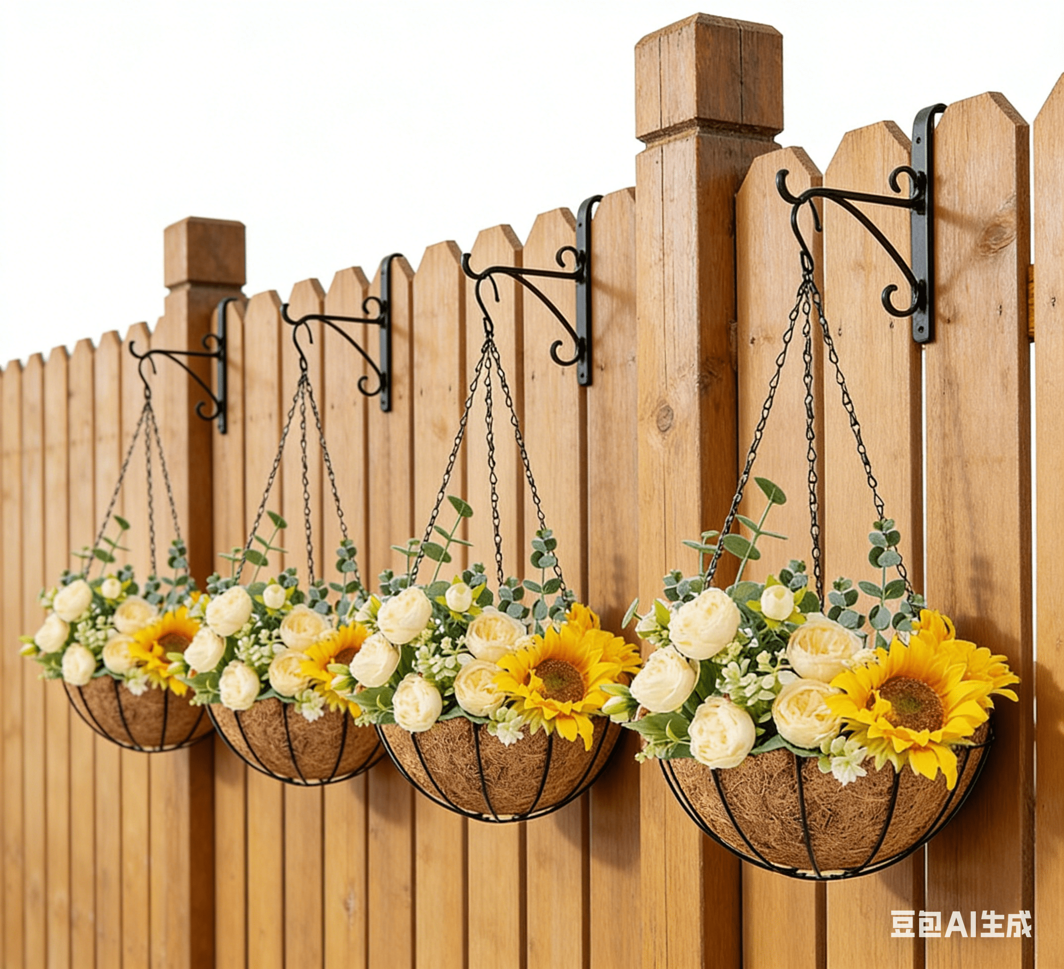 4 Pack 12 Inch Hanging Flower Baskets for Outdoor Plants Large Metal Wire Planters with Coco Liner Pot for Home Planting Black Watering Plant Holders for Outside Garden