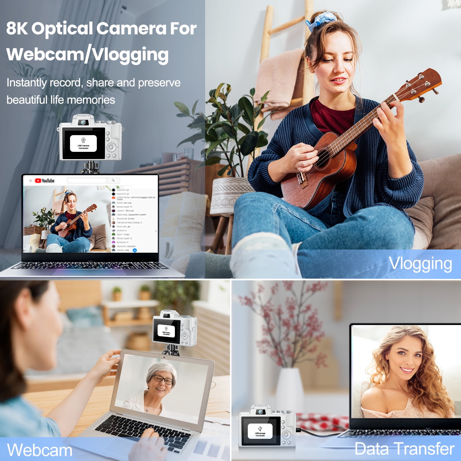 Zostuic 88MP 8K WiFi Digital Camera, 3" Touch Screen, 16X Zoom, Autofocus, Lens Hood – with 64GB TF Card & 2 Batteries for Vlogging (White)