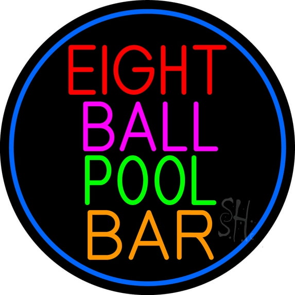 Eight Ball Pool Bar Oval With Blue Border LED Neon Sign 26 x 26 - inches, Clear Edge Cut Acrylic Backing, with Dimmer - Bright and Premium built indoor LED Neon Sign for Bar decor.