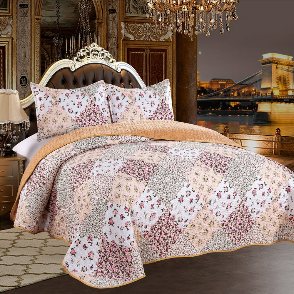 Cozy Line Home Fashions Pink Plaid Floral Patchwork Quilt Bedding Set