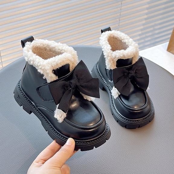 Kids Boots Girls Winter Bow Moccasins Fleece Lined Soft Sole Ankle Casual Synthetic Leather Shoes for Children Footwear